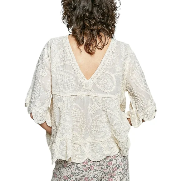 NS12. POL Crochet Bohemian V-neck Oversized Crram Blouse In One Size - Picture 4 of 4